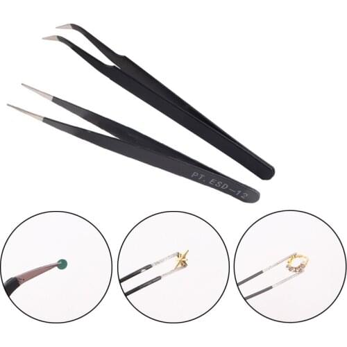 Black Stainless Tweezers With Silicone Pressing Sticker Rhinestones Picker Straight Curved Manicuree Nail Art Tool