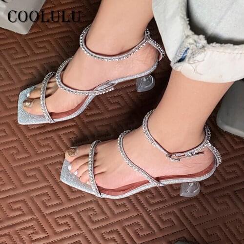 COOLULU Ankle Strap Sandals Women Shoes Crystal High Heels Narrow Band Thin Heel Sandals Buckle Square Toe Party Footwear Lady