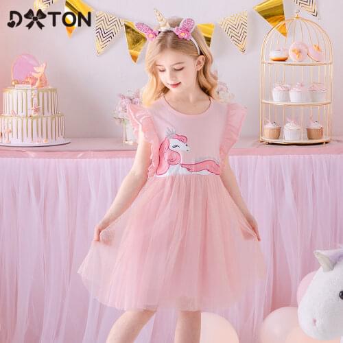 DXTON Baby Girls Dress Unicorn Kids Dress For Girl Flying Sleeve Princess Dress Summer Toddler Vestidos Tulle Girls Party Clothe