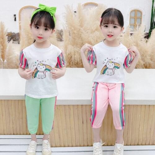 Toddler Girls Clothing Sets Summer Girls Clothes Petal sleeve T-shirt+Rainbow Pants Outfit Kids Tracksuit Suit Children Clothing