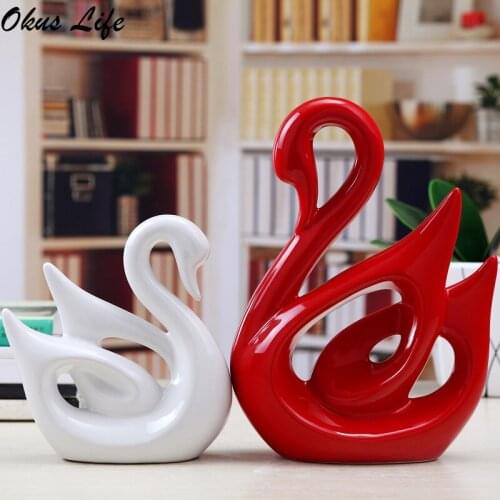 Red White Ceramic Swan Lovers Home Decor Crafts Room Decor Handicraft Ornament Porcelain Animal Figurines Wedding Decorations
