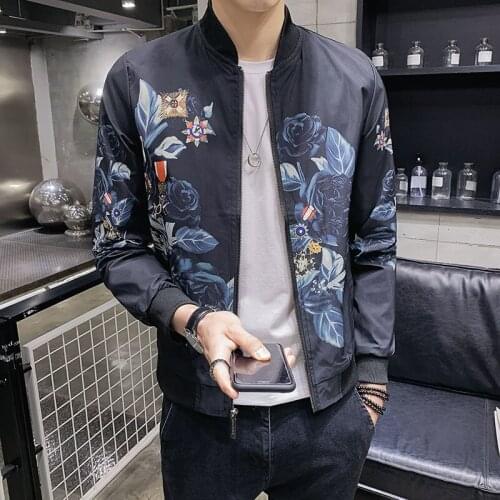 Floral Print Business Bomber Jackets Streetwear Outwear Stand Collar Mens Coat Clothes Fashion Casual Slim Jacket Men Spring