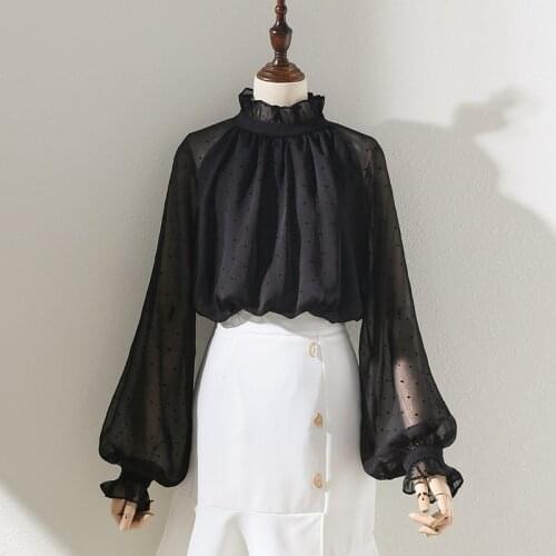 Lightweight Black Polka Dot Chiffon Women Blouse Summer 2021 Ruffles Neck Lantern Sleeved See Through Lady Elegant Pulls Tops
