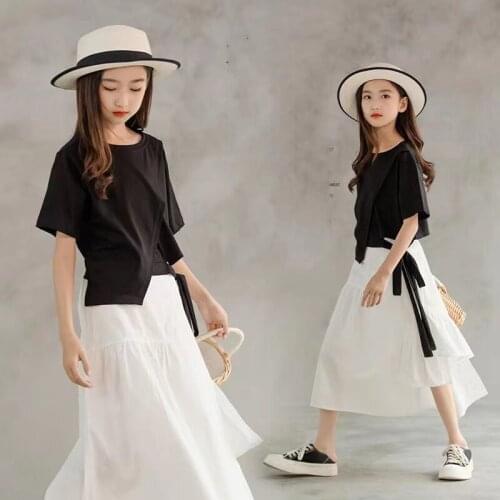 Summer Girls' Clothes Sets Fashionable Solid Short-Sleeved T-Shirt Top+Mesh Skirt Big Kids ChildrenS Clothing Sportswear 4-13Y