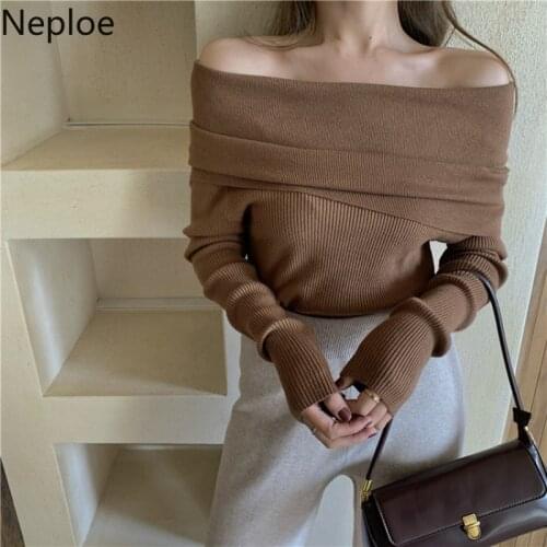 Neploe Fashion Woman Sweaters Korean Off Shoulder Knit Cropped Pullovers Vintage 2021 Women Clothes Elegant Tops Pull Femme