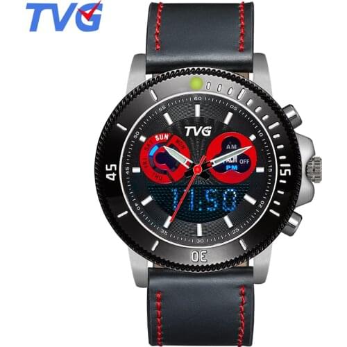 Mens watches quartz dual movement leather strap luxury analog dial waterproof stainless steel sports casual male clock TVG469
