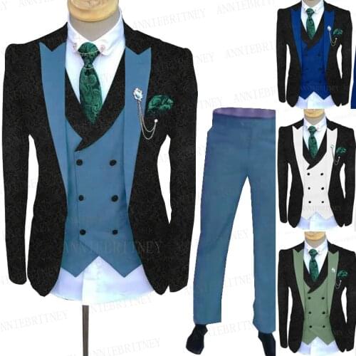 2021 Newest Luxury Jacquard Black Suit Men 3 Pieces Tailored Slim fit Jacket Groom Wedding Dinner Dress Tuxedo Blazer Vest Pants
