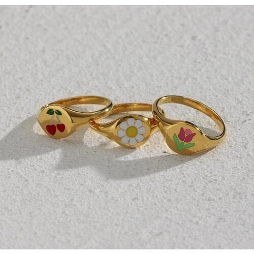 2021 Trendy Small Circle Gold Plated Steel Flower Signet Ring Waterproof Korean Jewelry Lovely Heart Cherry Tulip Daisy Ring