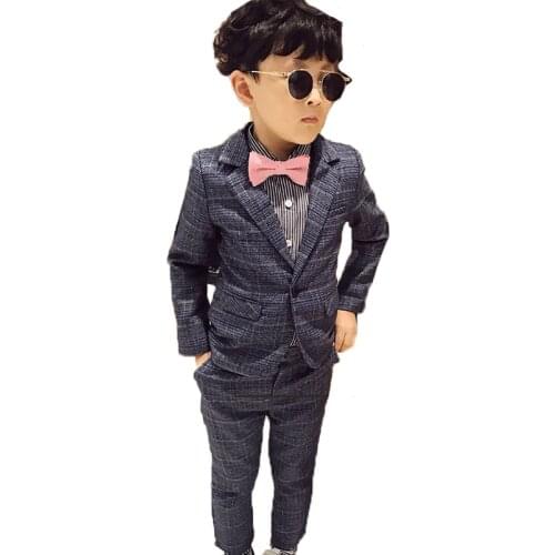 Childrens Casual Suit Sets Boys Plaid Blazer Jacekets + Pants 2pcs Outfits Kids Party Wedding Performance Costume