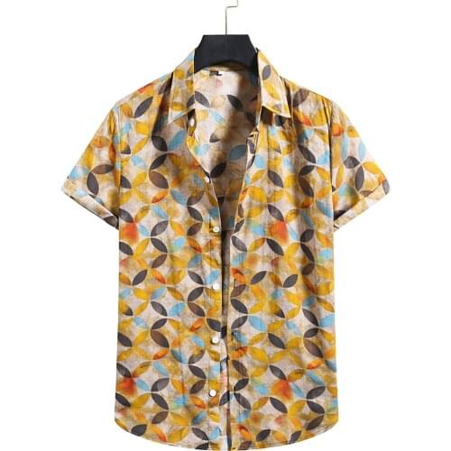 Mens Fashion Cotton Shirts Soft Printing Stand-up Collar Blouses Hawaii Chemise Vintage Short Sleeve Single Breasted Camicias