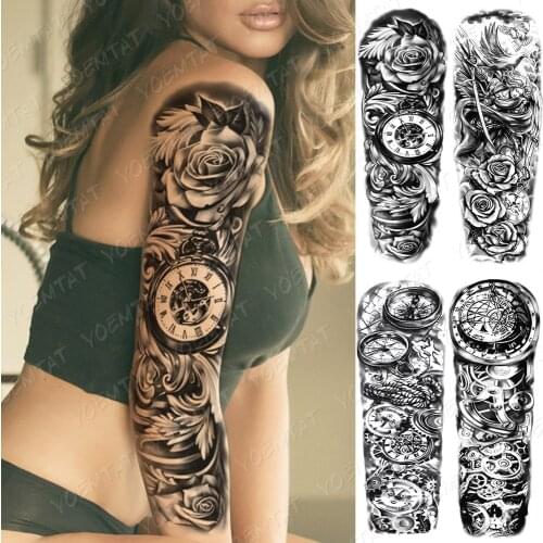 Waterproof Temporary Full Arm Tattoo Sticker Clock Compass Gear Angel Rose Flower Flash Tattoos Woman Body Art Fake Tatto Male