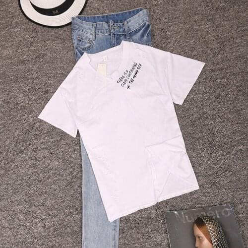 Camiseta Mujer Hole T Shirt Women Summer 2018 Korean Clothes Letter V-Neck Cotton T-Shirts Casual Womens Tops Tee Shirt Femme