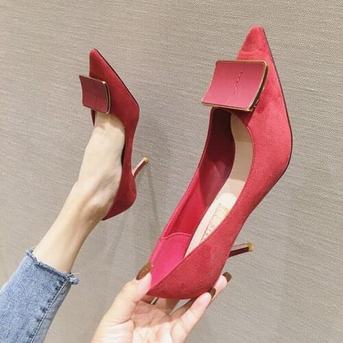 2020 New Women Shoes Woman Pumps Pointed Toe Slip on Shallow Sexy Ladies Shoes Metal Square Buckle Thin High Heels Casual Shoes