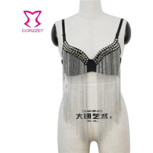 Black Cotton Silver Chain Tassel &Rivet Gothic Punk Rock Women Bra Sexy Bralette Push Up Brassiere Nightclub Pole Dance Clothing