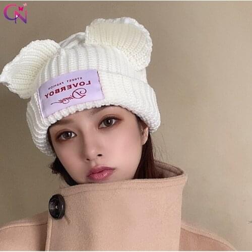 Winter Cartoon Fox Ear Skullies Soft Warm Women Hats Crochet Knitted Beanie for Girls Ladies Gifts Hip-hop Cap 2020 Fashion