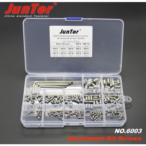 240pcs DIN916 M3 M4 M5 M6 M8 A2 Stainless Steel Socket Cup Point Grub Screws With Hex Key Assortment Kit NO.6003