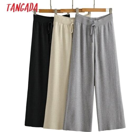 Tangada 2020 autumn winter fashion women solid wide leg pants trousers warm waist strethy casual knit pants pantalon LK4
