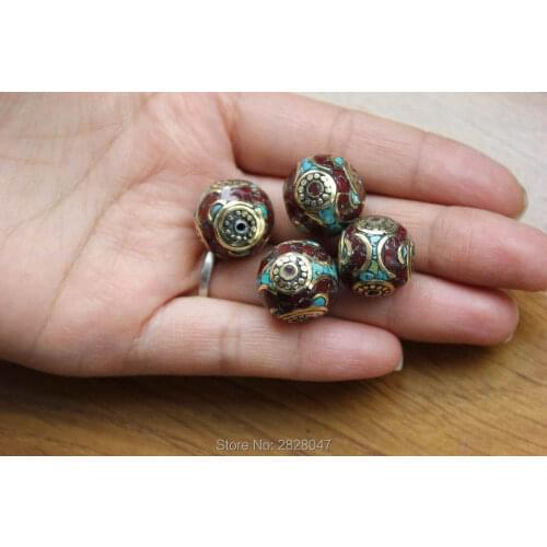 BD142 Nepal Handmade Beads Diy Ball Beads Tibetan Brass Stone 16mm Round Loose Beads Pendant Accessories 4 Beads Lot