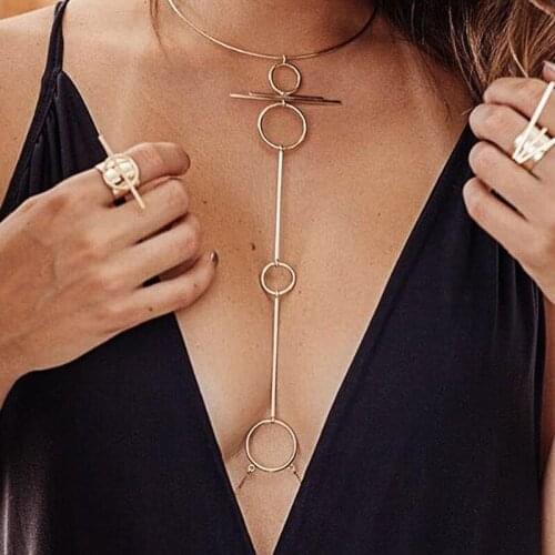 Bra Chain Necklace Women Gold Silver Color Hollow Round Circle Body Chains Beach Belly Chest Bikini Jewelry Torques Accessories