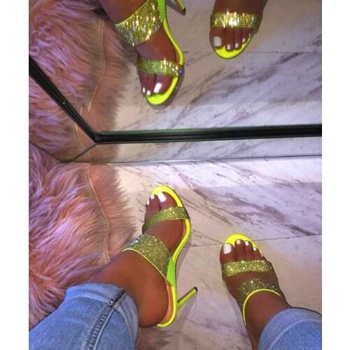 Carpaton Bling Bling Crystal Embellished High Heel Sandals Summer Sexy Open Toe Thin Heels Slides Cutouts Gladiator High Heels