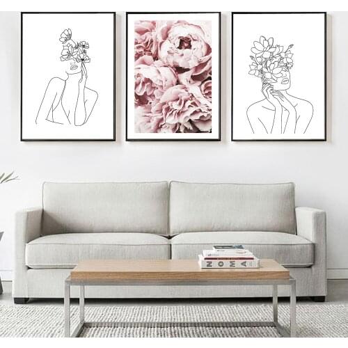Lady Line Drawing Picture Home Decor Nordic Pink Flower Canvas Painting Wall Art Figure Body Posters and Print for Living Room