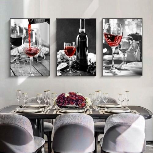 Red Wine and Bottle Kitchen Poster Black White Drink Canvas Painting Print Wall Art Picture Dining Room Restaurant wall Decor