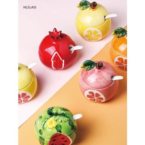 NLSLASI Household fruit embossed ceramic seasoning jar creative watermelon shape condiment jar with lid MSG salt box