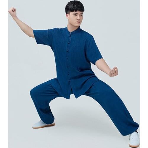 Summer Linen Cotton Kung Fu Suit Short Sleeves Martial Arts Costume Performance Taichi Clothing Morning Practice Uniform
