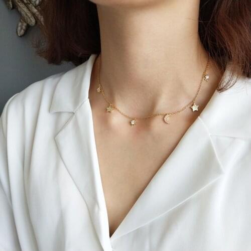 Trendy Multi Moon Stars Choker Necklace Diamond Dangle Layering Bohemian Festival Necklace Sterling Silver 925 Jewelry