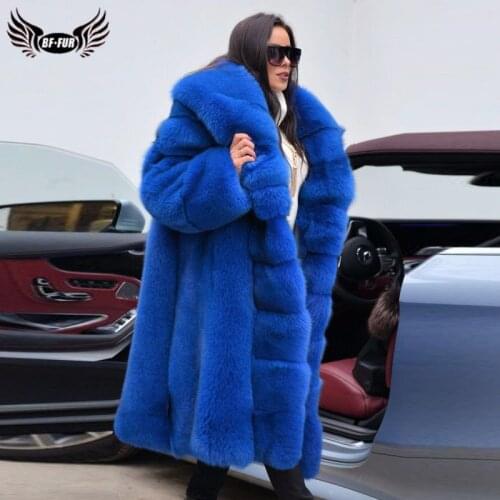 Fashion Women Plus Size Natural Fur Coat Winter Warm Full Pelt Blue Fox Fur Coats Genuine With Big Lapel Collar Fur Jacket Long
