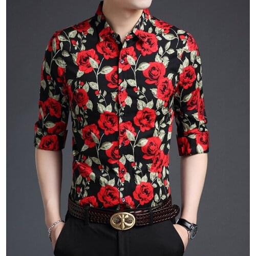 High quality mens floral shirts autumn pure cotton male long sleeve clothes fashion flowers printed dress shirts for man