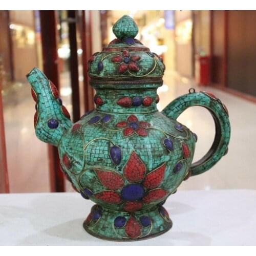 Nepal Tibet Old Copper Inlay Turquoise Coral Gem Vase Teapot Flagon Tea Wine Pot