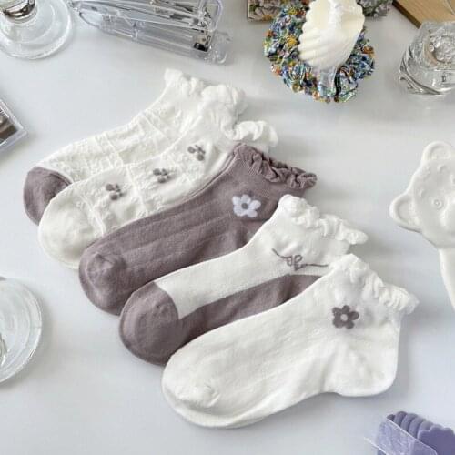 5pcs/summer New Style Bubble Mouth Womens Short Socks Korean Fashion Breathable Pure Cotton Student Japanese Cute White Print