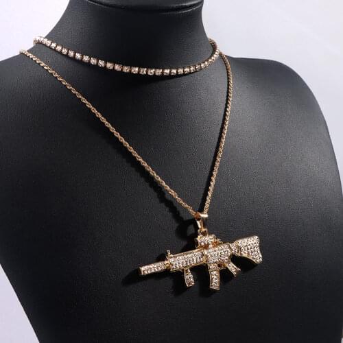 Hiphop Layered Crystal Pistol AK47 Pendant Necklace For Women Gold Silver Color Rhinestone Tennis Choker Rope Chain Party Jewely