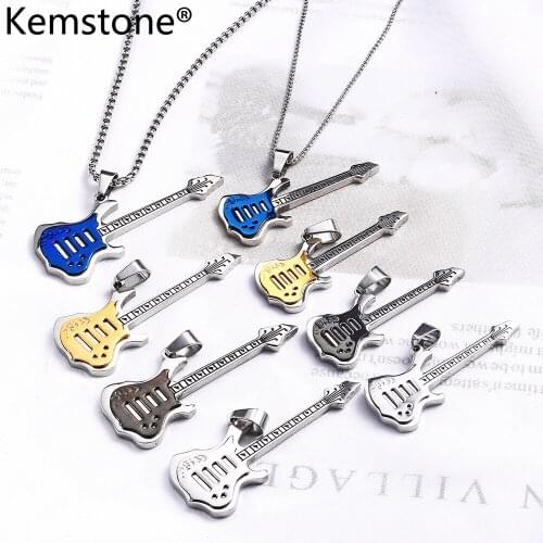 Kemstone Stylish Gold Black Blue Silver Color Stainless Steel Big Small Guitar Pendant Necklace for Women Men 's Jewelry Gift