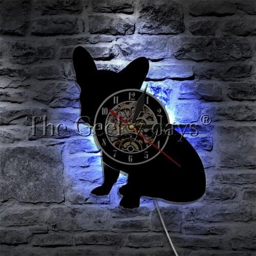 French Bulldog Silhouette LED Light Vinyl Record Wall Clock Pet Puppy Dog Animal Home Decor Wall Watch Lighting