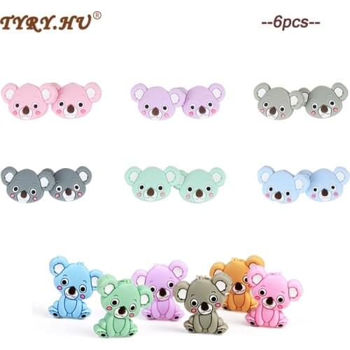 TYRY.HU 6pcs Koala Beads Carton Pacifier Clips Bead Food Grade Silicone Tiny Rod Mini Baby Teether
