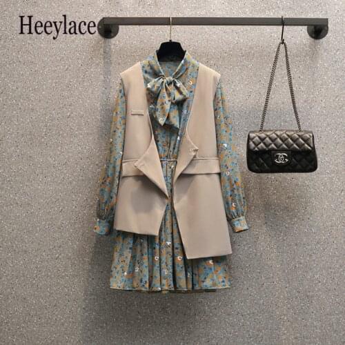 Plus Size Office Ladies Clothing Women 2021 New Autumn Winter Dress Suit Floral Print Dress And Vest Top Two Piece Set Outfit