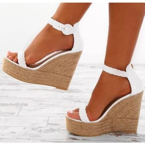 Moraima Snc Women Sexy Wedge Sandals Pumps Platform High Heels Rope Braided Platform Shoes PU Leather Zapatos Mujer