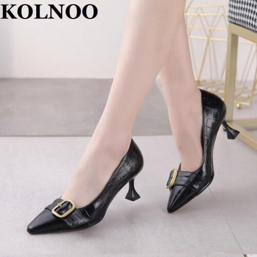KOLNOO New Simple Handmade 5cm High Heels Pumps Buckle Deco Slip-On Pointy Large Size 35-40 Evening Party Fashion Court Shoes