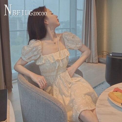 Women Dress New Daisy Sweet French Style Square Collar Puff Sleeve Female Dresses