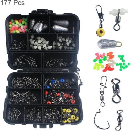 177pcs Fishing Accessories Kit Including Crank Hook Fishing Connector Luminous Fishing Beads Sinker Weights with Tackle Box