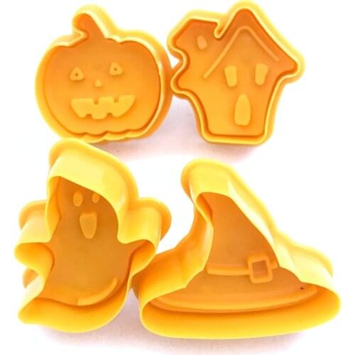 4Pcs/Set Christmas Halloween Theme Plastic Cookie Cutter 3D Cookie Stamp Plunger Fondant Chocolate Mold Cake Decorating Tools