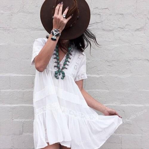 BOHO INSPIRED lace white cotton mini summer dress V-neck ruffled dress women new boho beach dress sexy holiday dresses party