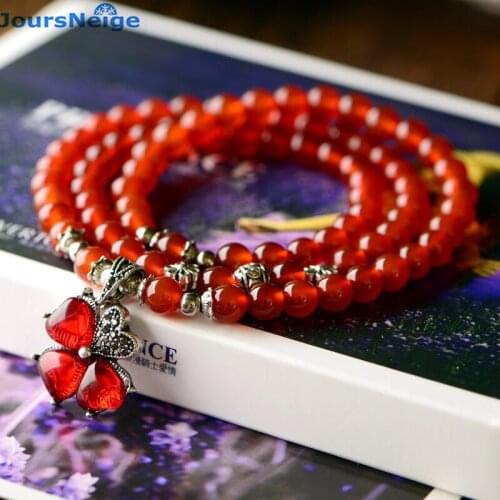 Red Crystal Bracelets 6mm Beads Lucky Tibetan Silver Grass Pendant Crystal Bracelet for Women Multilayer Jewelry JoursNeige