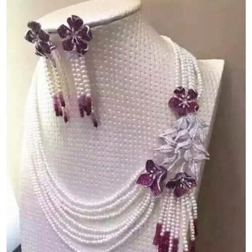 Flowers clasp accessory white freshwater pearl color stone necklace earrings set fashion jewelry