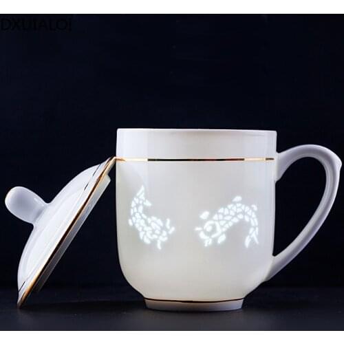 Chinese simplicity Milky white tea cup ceramic crafts household living room water cup with lid Gilded office meeting cup