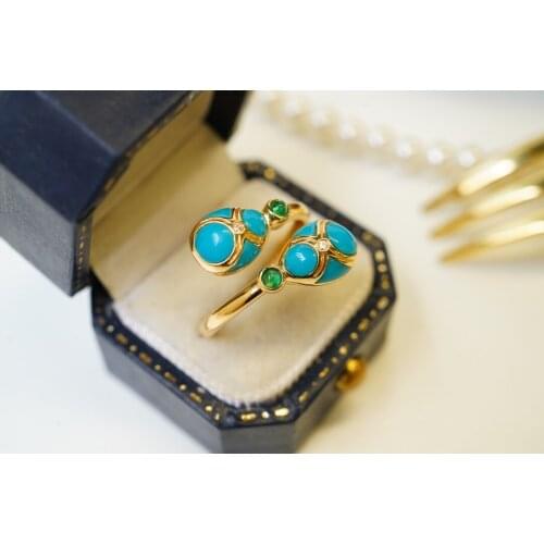 SX609 Solid 18K Gold Nature Blue Turquoise Rings for Women Fine Jewelry Birthdays Presents