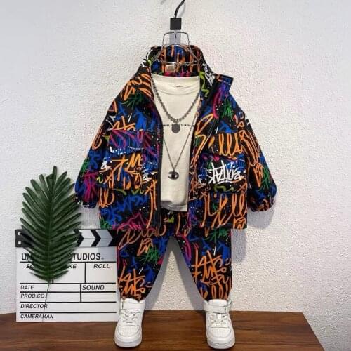 Autumn spring boys fashion set clothes kiids top coat baby outfits coat + pants 2 pcs set fashion print streetwear clothes