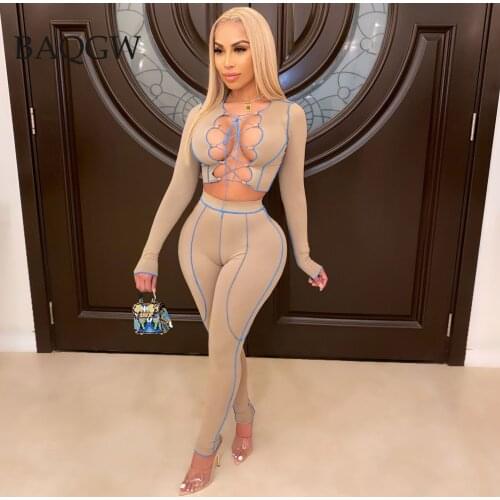 Hollow Out Large Size Two Piece Set Women Spring Bandage Sexy Lace Up Crop Tops+Stretchy Pants Matching Outfit Casual Streetwear